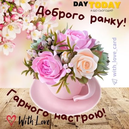 Доброго ранку! Гарного настрою! картинка з квітами та чашкою | Вітальна листівка - Доброго ранку - Добрий день - Теплі листівки