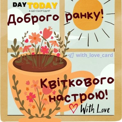 Доброго ранку! Квіткового настрою! листівка з чашкою | Вітальна листівка - Доброго ранку - Добрий день - Теплі листівки
