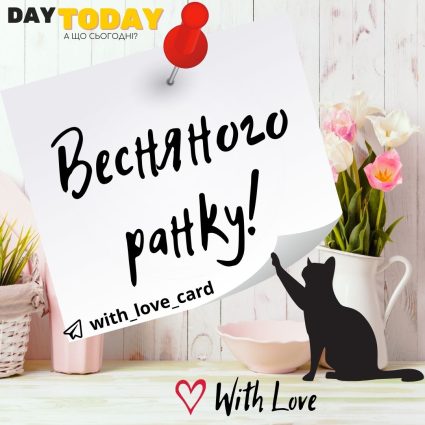 Весняного ранку! картинка з квітами та котиком | Вітальна листівка - Доброго ранку - Добрий день - Теплі листівки