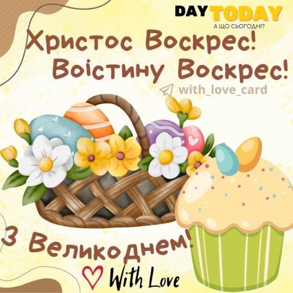 З Великоднем! Христос Воскрес! Воістину Воскрес! картинка з великоднім кошиком та паскою | Вітальна листівка - Листівка на Великдень