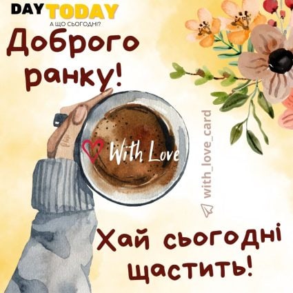 Доброго ранку! тепла листівка з чашкою та квітами | Вітальна листівка - Доброго ранку - Добрий день - Теплі листівки
