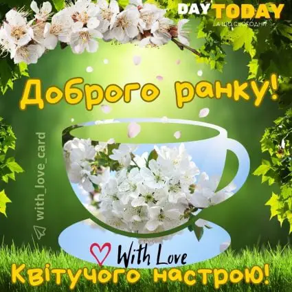 Доброго ранку! Квітучого настрою! тепла листівка з чашкою та весняними квітами | Вітальна листівка - Доброго ранку - Добрий день - Теплі листівки