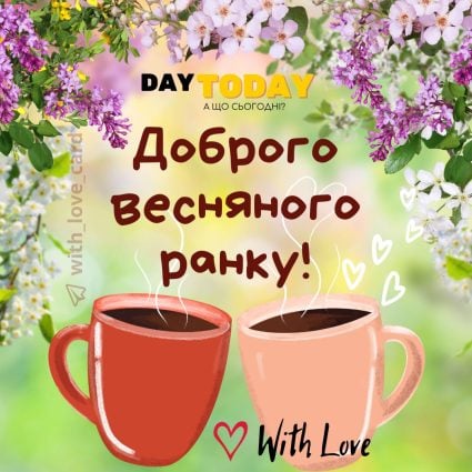 Доброго весняного ранку! ! листівка з чашками та весняними квітами бузок | Вітальна листівка - Доброго ранку - Добрий день - Теплі листівки