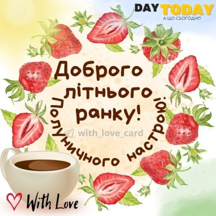 Доброго літнього ранку! Полуничного настрою! тепла листівка з чашкою кави та полуничками| Вітальна листівка - Доброго ранку - Добрий день - Теплі листівки