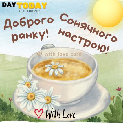 Доброго ранку! Сонячного настрою! тепла листівка з чашкою та квітами | Вітальна листівка - Доброго ранку - Добрий день - Теплі листівки