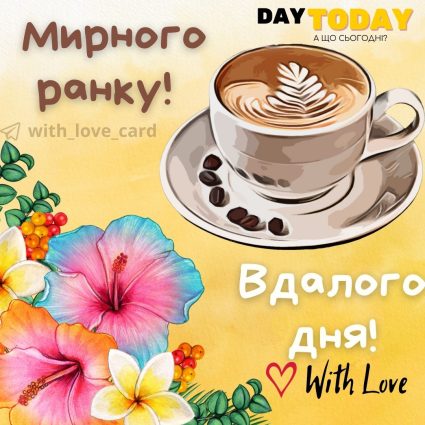 Мирного ранку! листівка з чашкою та кавою | Вітальна листівка - Доброго ранку - Добрий день - Теплі листівки