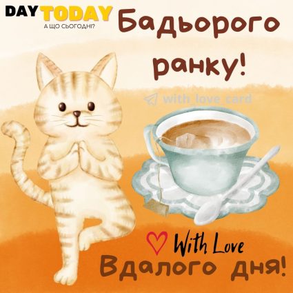 Доброго ранку! Бадьорого ранку! Вдалого дня! картинка з чашкою та котиком | Вітальна листівка - Доброго ранку - Добрий день - Теплі листівки