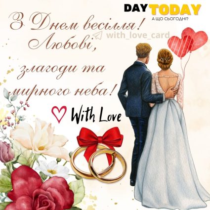 З днем весілля! Любові та злагоди! тепла листівка з побажаннями для наречених з квітами та обручками | Вітальна листівка - Весільні листівки - З днем весілля