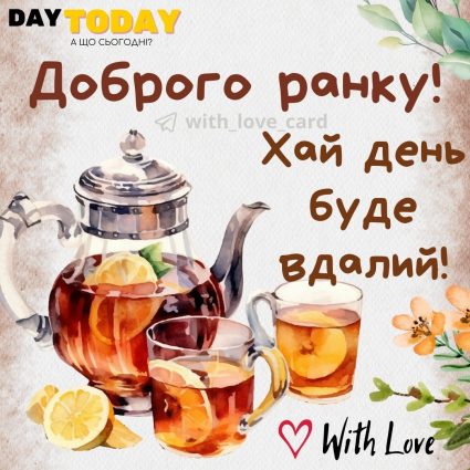 Доброго ранку! Хай день буде вдалий! картинка з чашками та квітами | Вітальна листівка - Доброго ранку - Добрий день - Теплі листівки