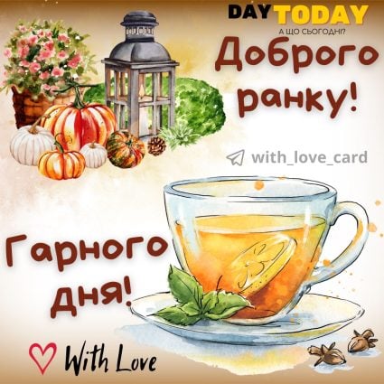 Доброго ранку! Теплого дня! картинка з чашкою, гарбузом та квітами | Вітальна листівка - Доброго ранку - Добрий день - Теплі листівки