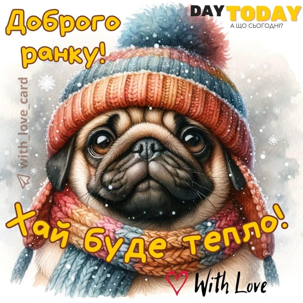 Доброго ранку! Хай буде тепло! картинка з мопсиком у вʼязаній шапці під час снігопаду | Вітальна листівка - Доброго ранку - Добрий день - Теплі листівки - Зимові листівки