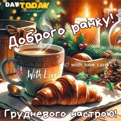Доброго ранку! Грудневого настрою!! картинка різдвяна з чашкою та круасаном | Вітальна листівка - Доброго ранку - Добрий день - Теплі листівки - Зимові листівки