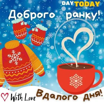 Доброго ранку! Вдалого дня! картинка зимова з чашкою, светром та рукавичками | Вітальна листівка - Доброго ранку - Добрий день - Теплі листівки - Зимові листівки