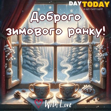 Доброго зимового ранку! картинка з чашками на вікні | Вітальна листівка - Доброго ранку - Добрий день - Теплі листівки - Зимові листівки
