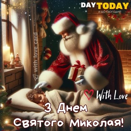З Днем святого Миколая! картинка зі святим Миколаєм, що кладе подарунок під подушку дитині | Вітальна листівка - Листівки на День святого Миколая