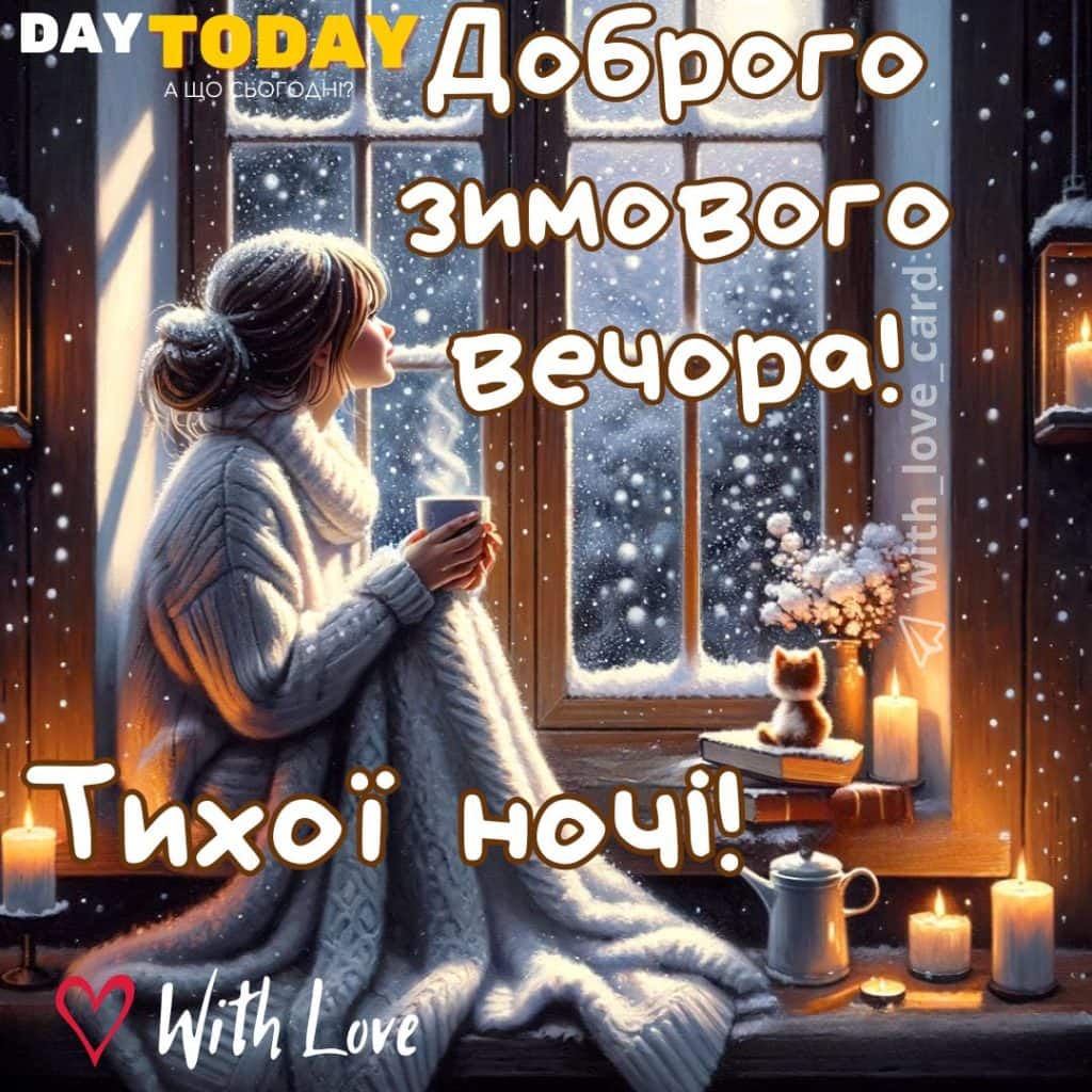Доброго зимового вечора! Тихої ночі! картинка з дівчиною на підвіконні| Вітальна листівка - Доброї ночі - Теплі листівки - Добрий вечір