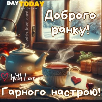 Доброго ранку! Гарного настрою! картинка з чашкою та чайником і серденьками | Вітальна листівка - Доброго ранку - Добрий день - Теплі листівки - Зимові листівки
