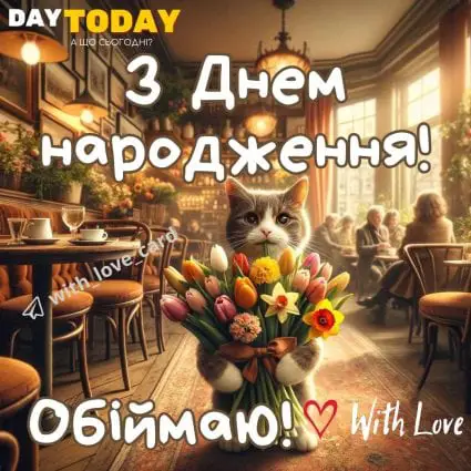 З Днем народження! Обіймаю! картинка з квітами та котиком листівка для чоловіків або для жінок | Вітальна листівка - Листівки з днем народження - З квітами ДН