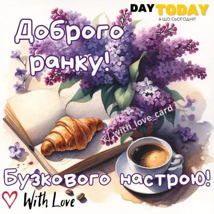 Доброго ранку! Бузкового настрою! картинка з квітами бузком, круасаном та чашкою кави | Вітальна листівка - Доброго ранку - Добрий день - Теплі листівки
