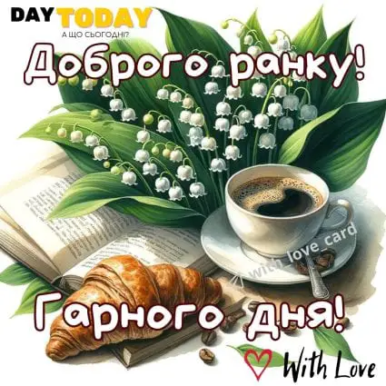 Доброго ранку! Гарного дня! картинка з квітами конваліями, круасаном та чашкою кави | Вітальна листівка - Доброго ранку - Добрий день - Теплі листівки