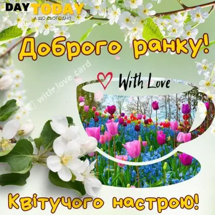 Доброго ранку! Квітучого настрою! картинка з квітами та чашкою | Вітальна листівка - Доброго ранку - Добрий день - Теплі листівки