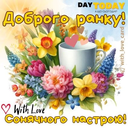 Доброго ранку! Сонячного настрою! картинка з квітами та чашкою | Вітальна листівка - Доброго ранку - Добрий день - Теплі листівки