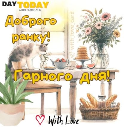 Доброго ранку! Гарного дня! картинка з котиком та квітами на столі | Вітальна листівка - Доброго ранку - Добрий день - Теплі листівки