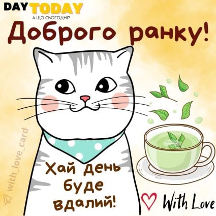 Доброго ранку! Хай день буде вдалим! тепла листівка з чаєм та котиком | Вітальна листівка - Доброго ранку - Добрий день - Теплі листівки