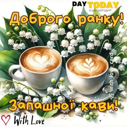 Доброго ранку! Запашноъ кави! картинка з квітами конваліями та чашками кави | Вітальна листівка - Доброго ранку - Добрий день - Теплі листівки