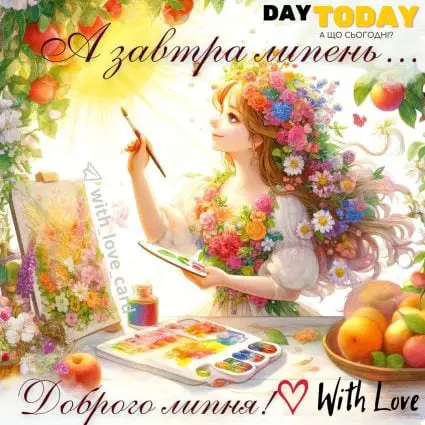 А завтра липень! Доброго липня! З першим днем липня! листівка на 1 липня | Вітальна листівка - Літня листівка - Листівка на перший день липня