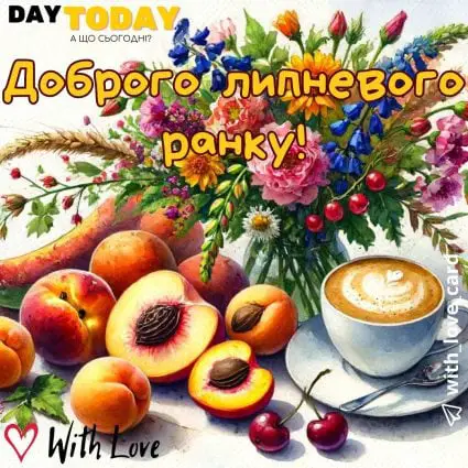 Доброго липневого ранку! картинка з чашкою кави, квітами та фруктами | Вітальна листівка - Доброго ранку - Добрий день - Теплі листівки