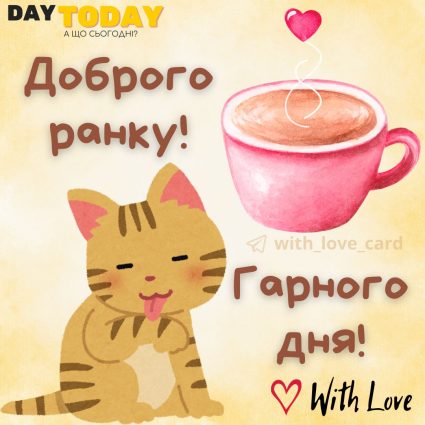 Доброго ранку! Гарного дня! картинка з чашкою кави та котиком, тепла ранкова листівка | Вітальна листівка - Доброго ранку - Добрий день - Теплі листівки