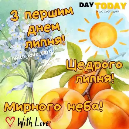 З першим днем липня! Щедрого липня липня! листівка на 1 липня картинка з сонечком квітами та абрикосами | Вітальна листівка - Літня листівка - Листівка на перший день липня