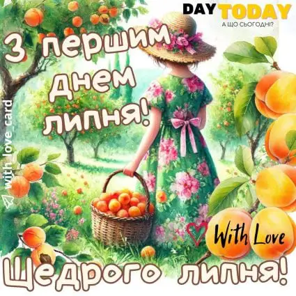 З першим днем липня! Щедрого липня! листівка на 1 липня | Вітальна листівка - Літня листівка - Листівка на перший день липня