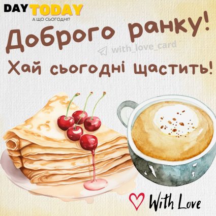 Доброго ранку! картинка з чашкою кави та млинцями, ранкова листівка | Вітальна листівка - Доброго ранку - Добрий день - Теплі листівки