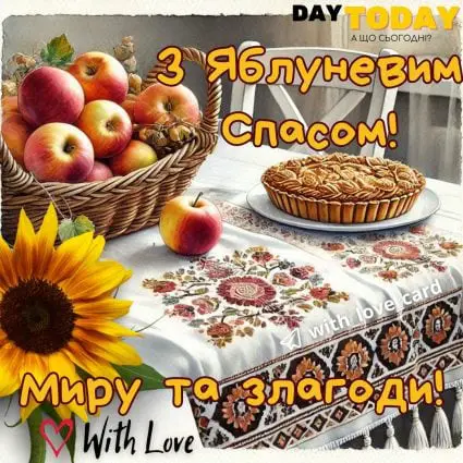 Миру та злагоди! Зі святом Яблуневого Спасу! тепла листівка на Свято Преображення Господнього | Вітальна листівка - Листівка на Яблуневий спас