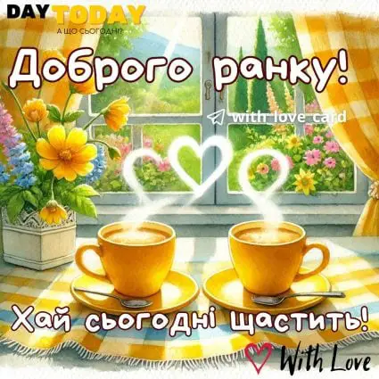 Доброго ранку! Хай сьогодні щастить! картинка з чашками кави та квітами, ранкова листівка | Вітальна листівка - Доброго ранку - Добрий день - Теплі листівки