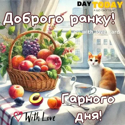 Доброго ранку! гарного дня! картинка з чаєм, котиком, квітами та фруктами, ранкова листівка | Вітальна листівка - Доброго ранку - Добрий день - Теплі листівки