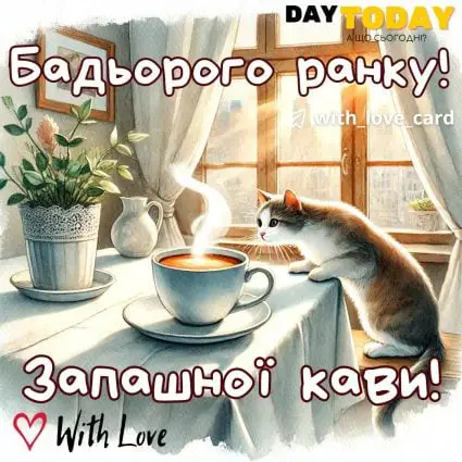 Доброго ранку! Бадьорого ранку! Запашної кави! картинка з чашкою кави, сонечком та котиком, листівка з котиком | Вітальна листівка - Доброго ранку - Добрий день - Теплі листівки