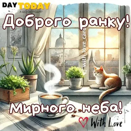 Доброго ранку! картинка з чашкою запашної кави, сонечком та котиком на підвіконні, листівка з котиком | Вітальна листівка - Доброго ранку - Добрий день - Теплі листівки
