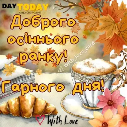 Доброго осіннього ранку! картинка з чашкою кави та круасаном, осінніми листочками | Вітальна листівка - Доброго ранку - Добрий день - Теплі листівки - Осіння листівка