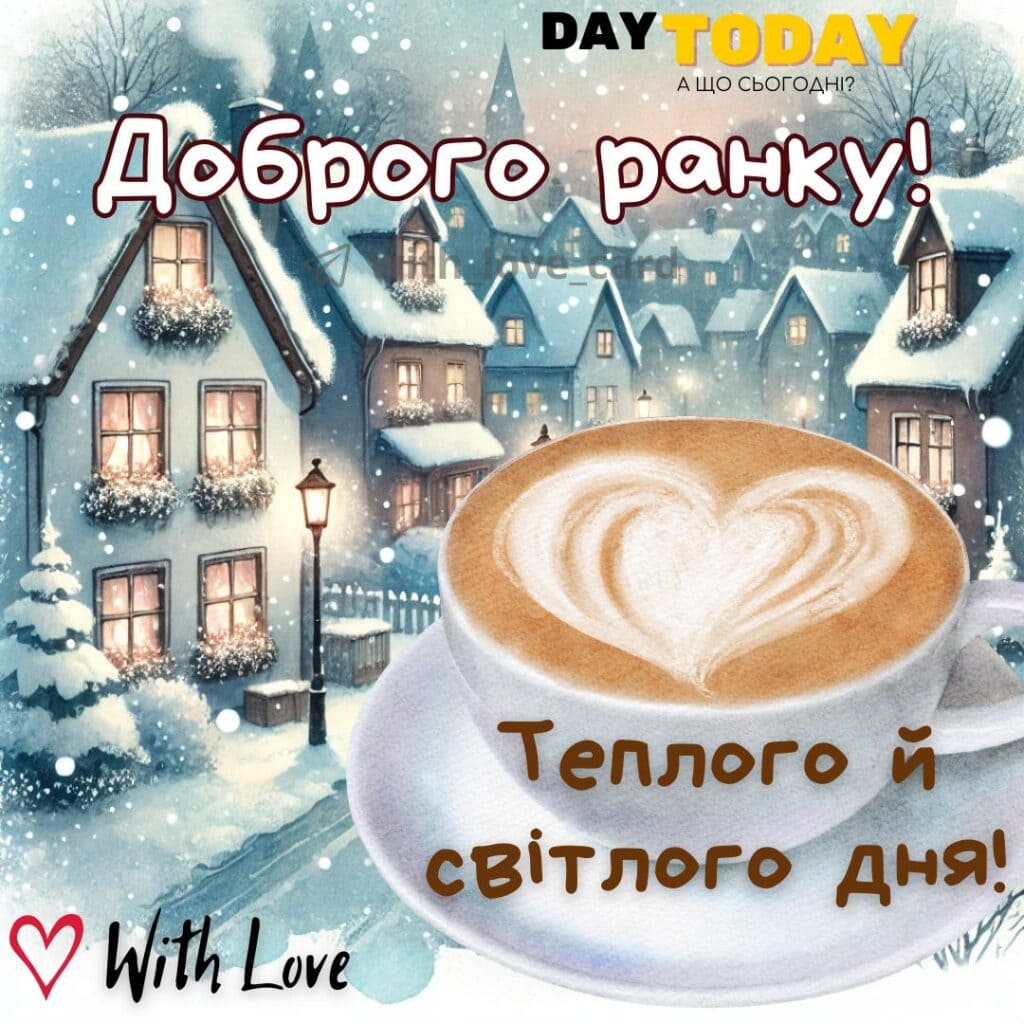 Доброго ранку! Теплого дня! картинка з чашкою кави та зимовою вулицею міста | Вітальна листівка - Доброго ранку - Добрий день - Теплі листівки - Зимові листівки