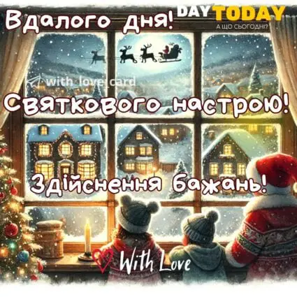 Доброго ранку! Вдалого дня! Святкового настрою! Здійснення бажань! картинка різдвяна з дітками та собакою під ялинкою | Вітальна листівка - Доброго ранку - Добрий день - Теплі листівки - Зимові листівки