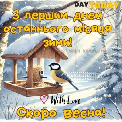 З першим днем останнього місяця зими! З першим днем лютого! Скоро весна! картинка на перший день лютого з синичкою | Вітальна листівка - Листівки з першим днем лютого - Теплі листівки - Зимові листівки