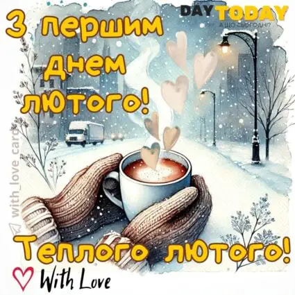 З першим днем лютого! Теплого лютого! картинка на перший день лютого з чашкою кави | Вітальна листівка - Листівки з першим днем лютого - Теплі листівки - Зимові листівки