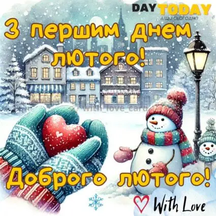 З першим днем лютого! Доброго лютого! картинка на перший день лютого з серденьком та сніговиками | Вітальна листівка - Листівки з першим днем лютого - Теплі листівки - Зимові листівки