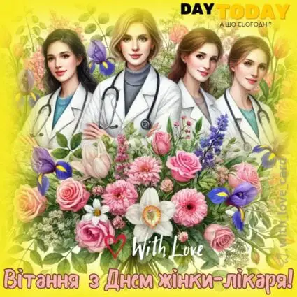 Вітання з Днем жінки-лікаря! картинка для жінок-лікарів з букетом квітів | Вітальна листівка - Листівки на День жінки-лікаря