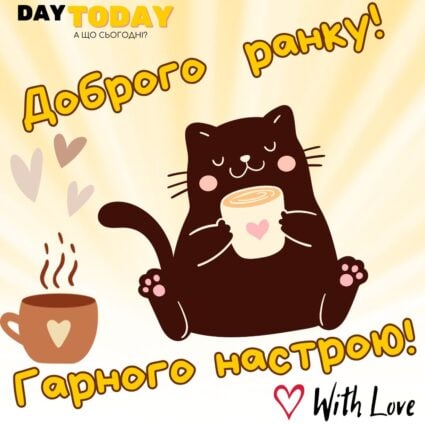 Доброго ранку! Гарного настрою! картинка з чашкою кави та котиком, тепла листівка | Вітальна листівка - Доброго ранку - Добрий день - Теплі листівки