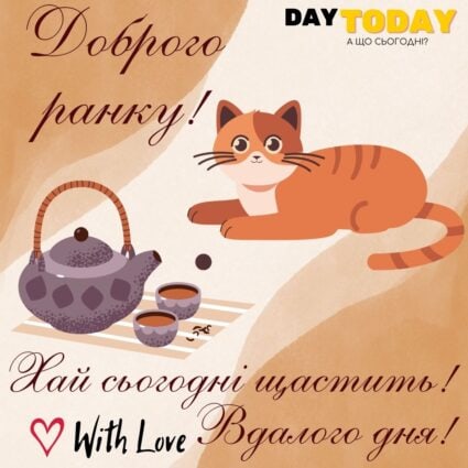 Доброго ранку! Вдалого дня! Хай сьогодні щастить! картинка з чашкою чаю та котиком тепла листівка | Вітальна листівка - Доброго ранку - Добрий день - Теплі листівки