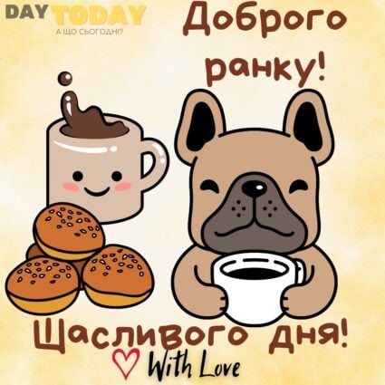 Доброго ранку! Щасливого дня! картинка з чашкою кави та французьким бульдогом, тепла листівка | Вітальна листівка - Доброго ранку - Добрий день - Теплі листівки